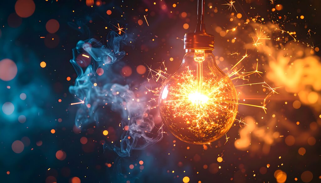 暗闇で火花を散らして光る電球。制作の途中で生まれる化学反応のイメージ